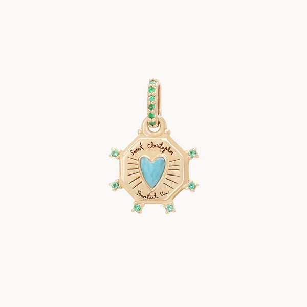 St. Kitts heart charm - 10k yellow gold, larimar, emerald gemstones