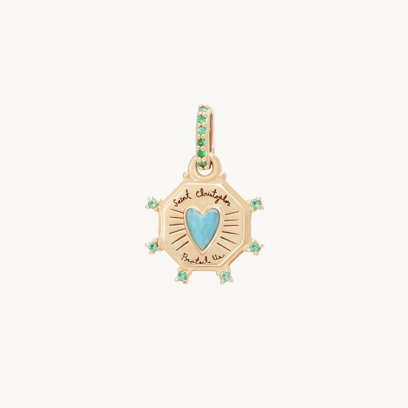 St. Kitts heart charm - 10k yellow gold, larimar, emerald gemstones