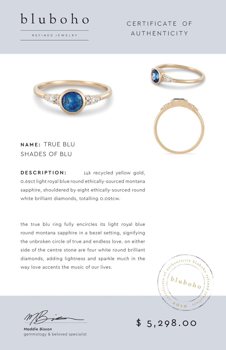 true blu one-of-a-kind engagement ring - 14k yellow gold, light royal blue round sapphire certification