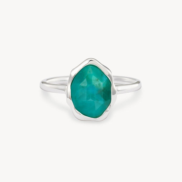 A bluboho turquoise mood ring silver - sterling silver, turquoise with a polished gemstone set in a simple bezel setting. The gem has an irregular hexagonal shape, and the ring's band is sleek and smooth. The background is plain white.