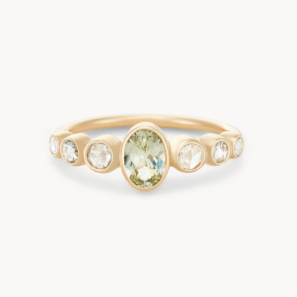 enduring devotion one-of-a-kind engagement ring ring - 14k yellow gold, green oval sapphire, rose cut diamonds front