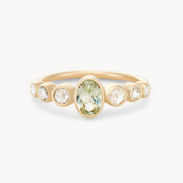 enduring devotion one-of-a-kind ring - 14k yellow gold, green oval sapphire, rose cut diamonds