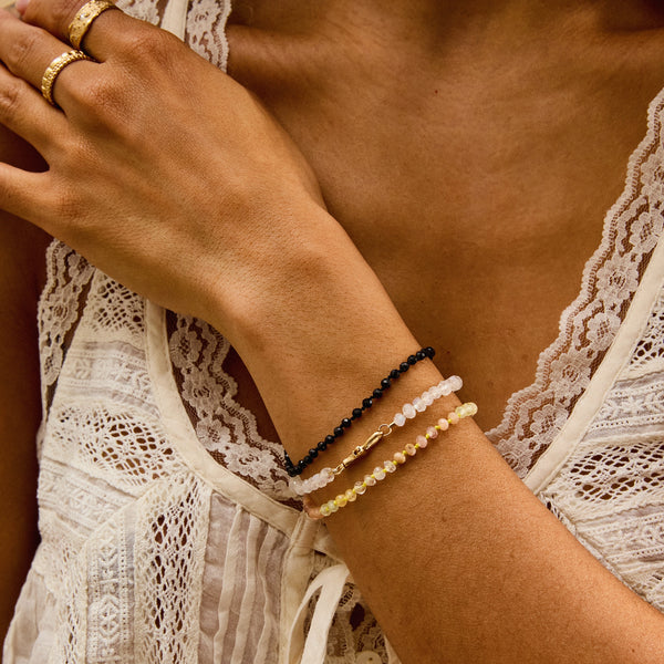 black spinel beaded mood bracelet - 10k yellow gold, natural black spinel, brilliant diamonds