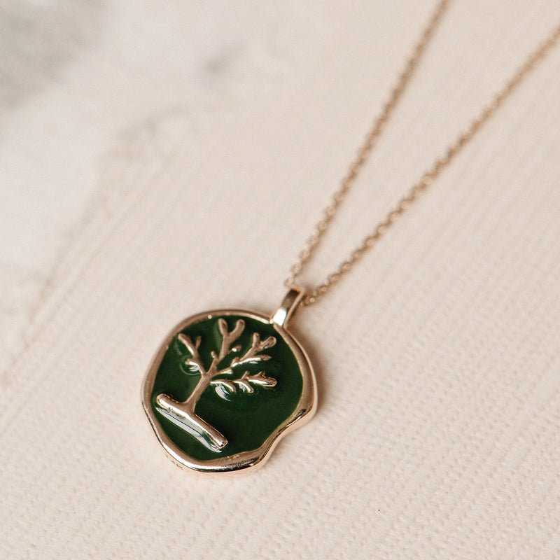 enamel tree of life coin necklace - 14k yellow gold