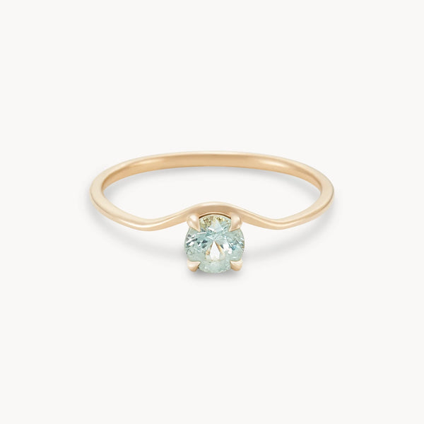 one of a kind, round green sapphire engagement ring, 14k yellow gold curved band