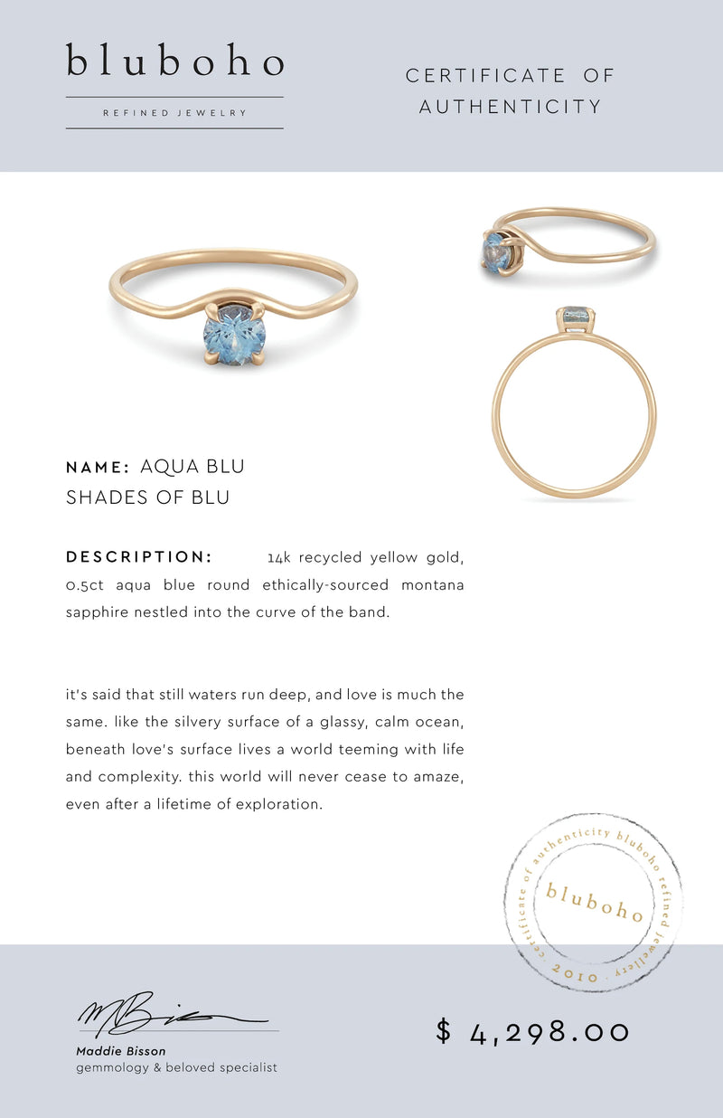 Aqua blu engagement ring - 14k yellow gold, blue round sapphire