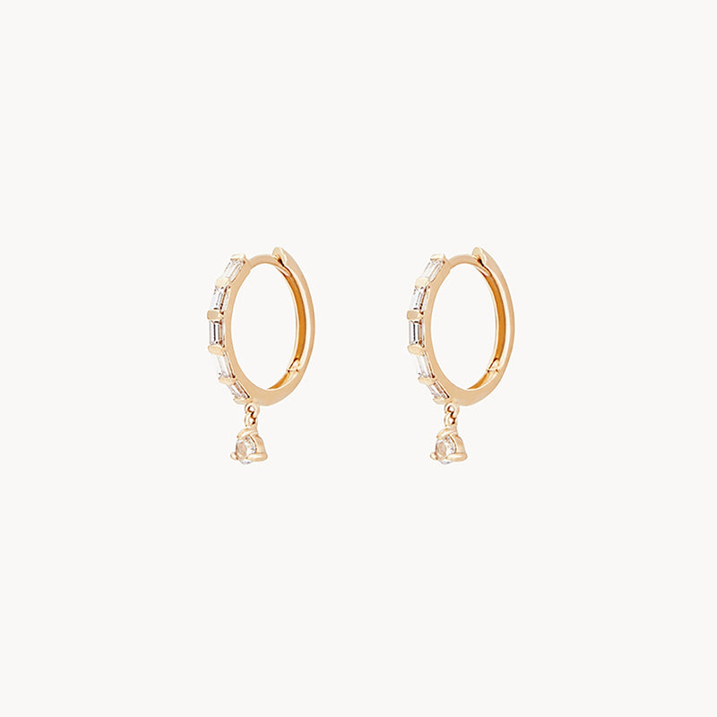 Dew drop hoops - 14k yellow gold, white baguette diamonds