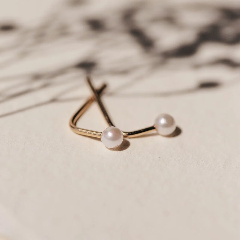 pearl inkling long L shaped post earring - 14k yellow gold, white freshwater pearl