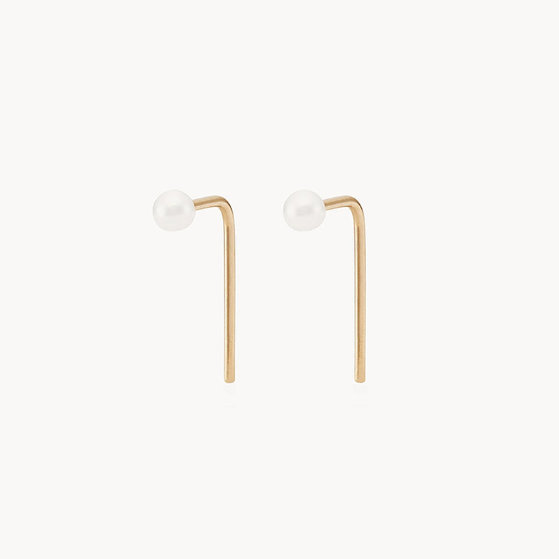 pearl inkling long L shaped post earring - 14k yellow gold, white freshwater pearl