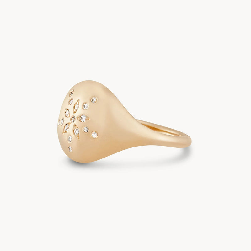 sand dollar diamond signet ring - 14k yellow gold, white diamond