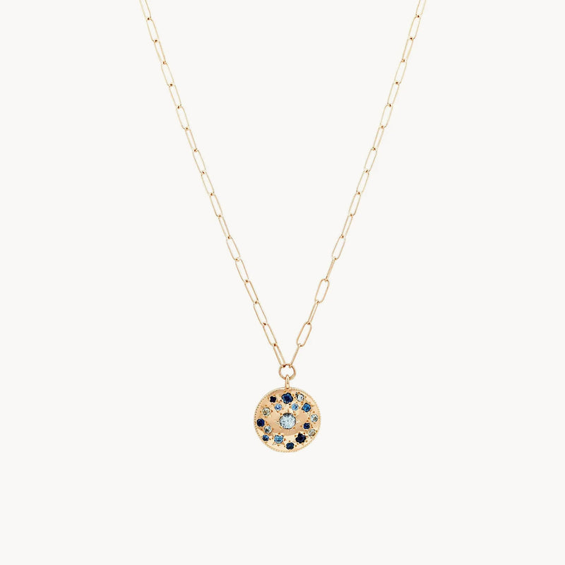 tie dye moonchild medallion necklace - 14k yellow gold, blue sapphire, 20"