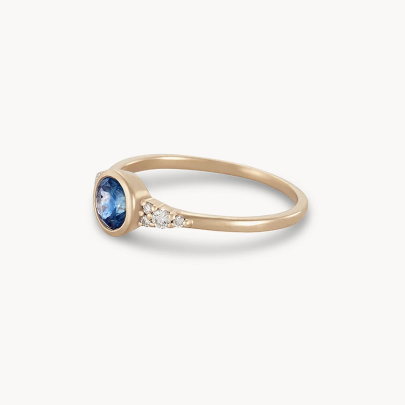 true blu one-of-a-kind engagement ring - 14k yellow gold, light royal blue round sapphire angled
