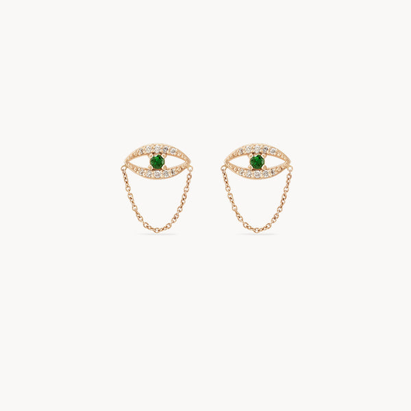 evil eye chain earring - 14k yellow gold - green tsavorite garnet and diamonds 